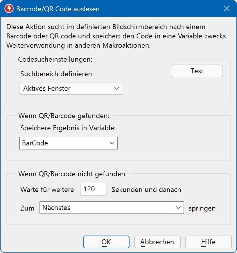 Der Makro-Rekorder kann Bar-/QR-Code-Informationen aus jedem Bitmap auf dem Desktop extrahieren.