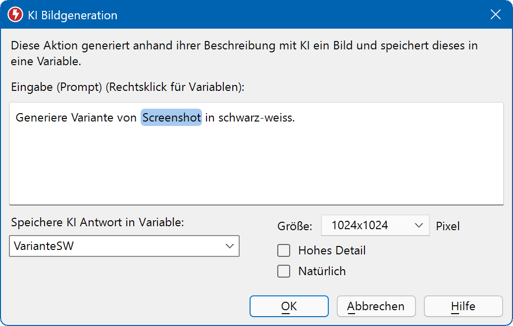 Makrorekorder kann Bitmaps basierend auf Ihrem Prompt erstellen.