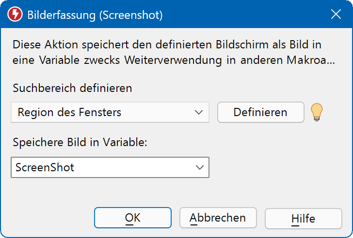 Die Screenshot-Funktion erfasst Bitmaps von jedem Programm (Bereich), z.B. um sie in Ihrem Skript mit KI zu analysieren.